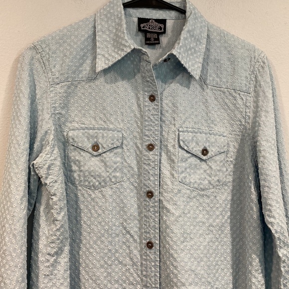 Angie Baby Blue Polka Dot Button Up Long Sleeve Collared Blouse - Size Small - Picture 2 of 9